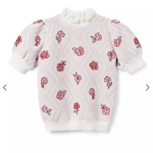 Janie and Jack Girls' Floral Argyle Sweater Top Short Sleeve Ivory Pink Size 14